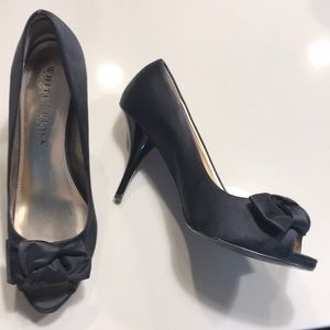 WHBM black bow peep-toe heels